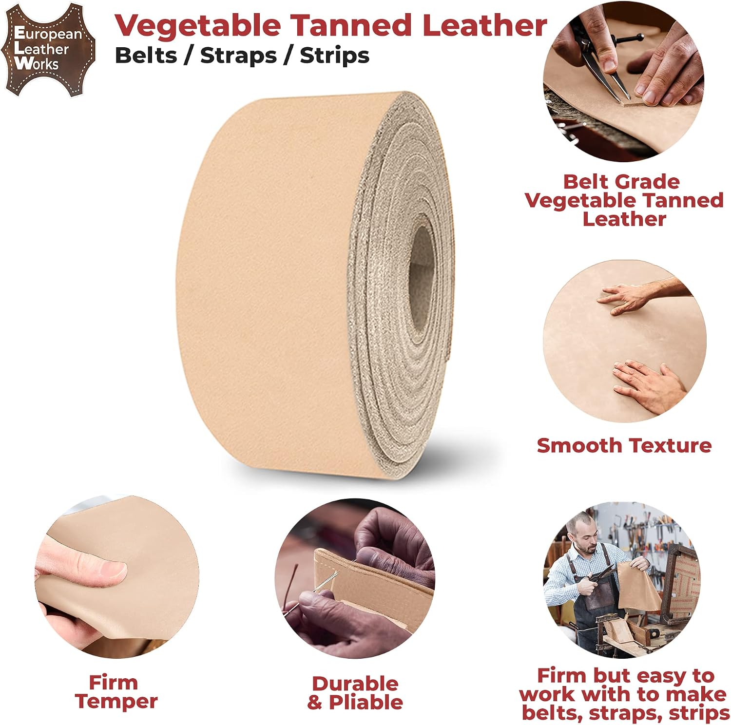 European Leather Works 11-12 oz. (4-4.8mm) Vegetable Tanned Leather Belt Blanks/Straps Size: 1-1/4"x60" (3.2x152.4cm) Full Grain Cowhide Tooling, Crafting, Knife Sheath, Furniture