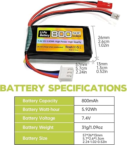 Miniatura 2 de 2 unidades 7.4V LiPo 2S 50C JST y PH2.0 Plug 800mAh Batería para SCX24 RC Car Compatible con la mayoría de las baterías RC 110, 116, 118, 124 Escala