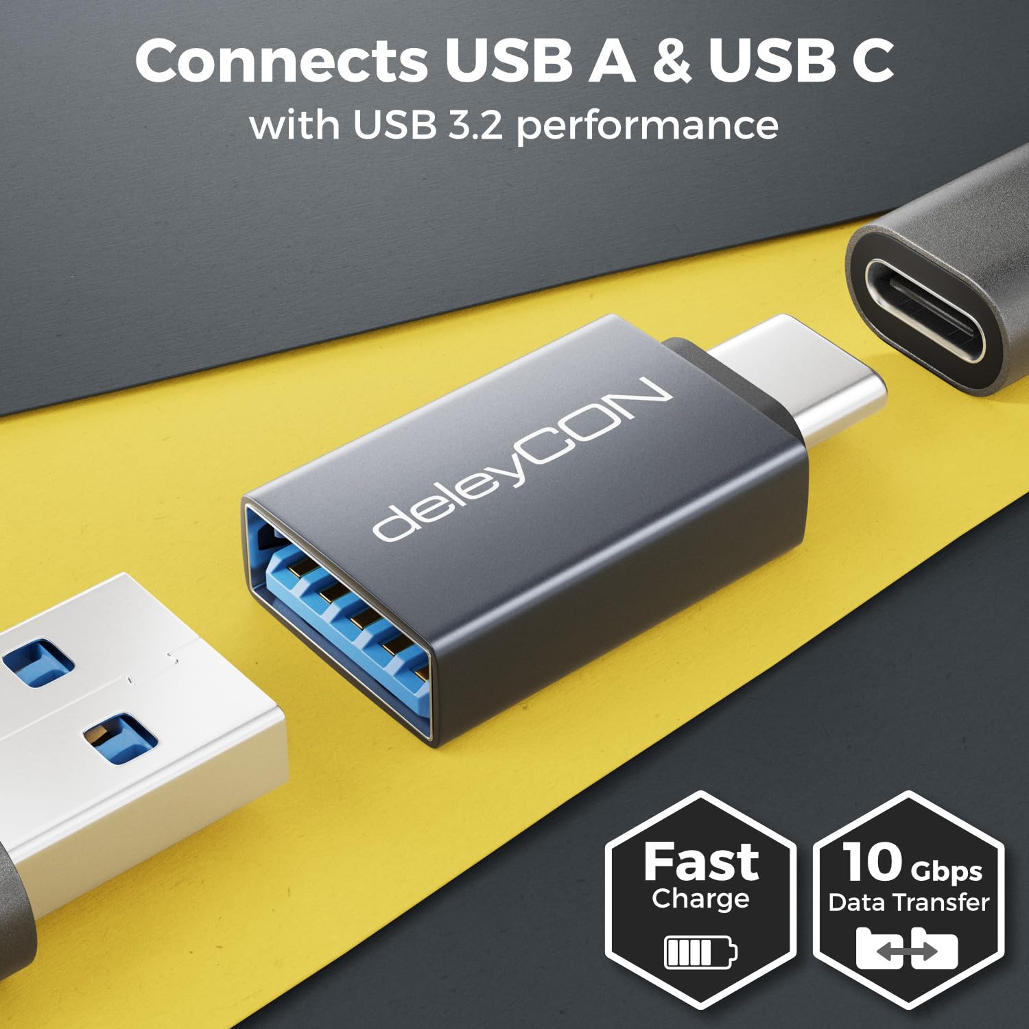 deleyCON Adattatore USB-C a USB 10 Gbps OTG (2 Pezzi) - Spina C a Presa A - per iPhone 17/16/15 Air/Pro/Max, Galaxy S25/S24/S23, A56, A16, Tablet, MacBook, iMac, iPad, Notebook ecc.