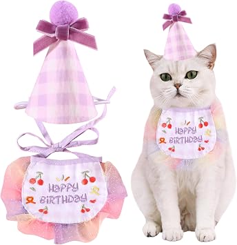 2Pcs Pet Happy Birthday Hat Scarf Set - Cute Embroidered Cat Bandana Outfit - Cat Plaid Pattern Princess Costumes - Dog Lace Bib - Pet Party Supplies Decoration Purple