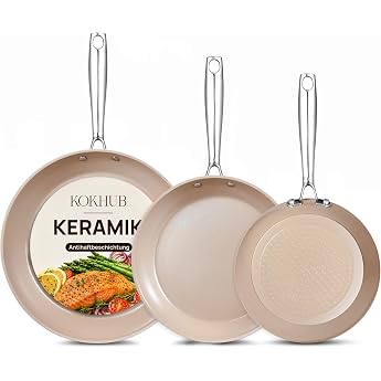 KOKHUB Pfannenset 3-teilig, Keramik Antihaft Bratpfannen 20/24/28 cm, PFAS-freies Kochgeschirr f&uuml;r Induktion, Edelstahlgriff,
