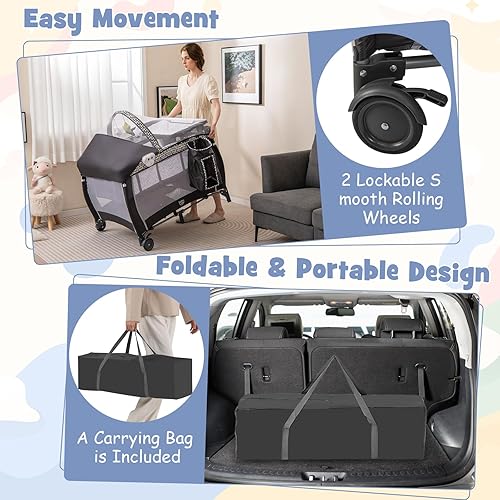Miniatura 4 de HONEY JOY Pack and Play, centro de guardería plegable 4 en 1 con moisés infantil de tamaño completo y cambiador de pañales, cuna portátil para niños