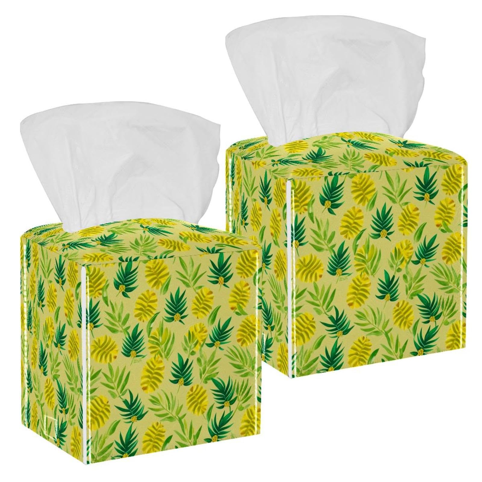 Artistic Leaves Tissue Box Cover, 2 Pack PU Leather Square Facial Tissue Dispenser Box holder for Home Office Car