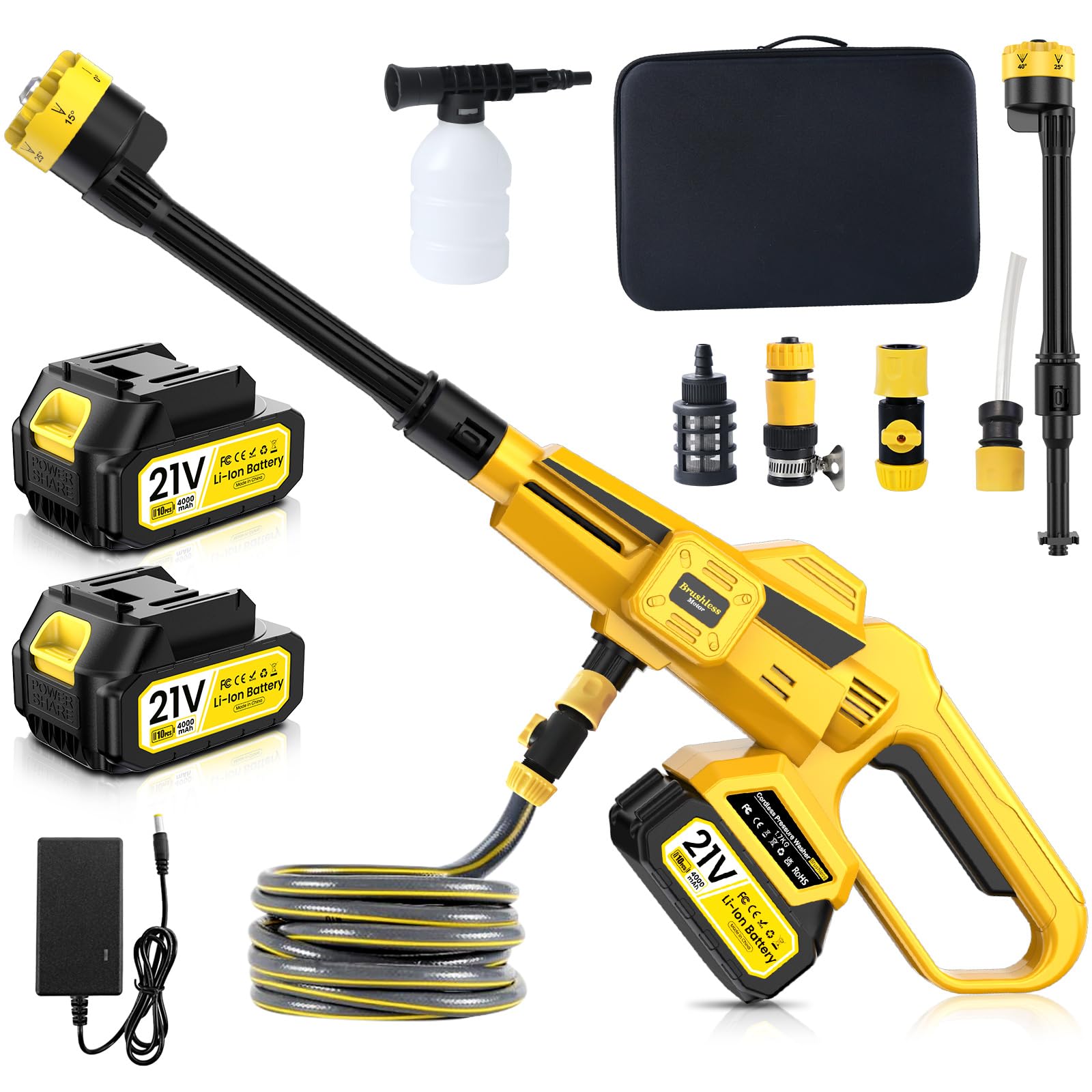 Portable Cordless Pressure Washer Max 45 Bar With 2 X 4000mah Batteries, 6 In 1 Spray Nozzles,5m Hose,Soap Dispenser Bottle For Patio Cleaning and Car Washing
