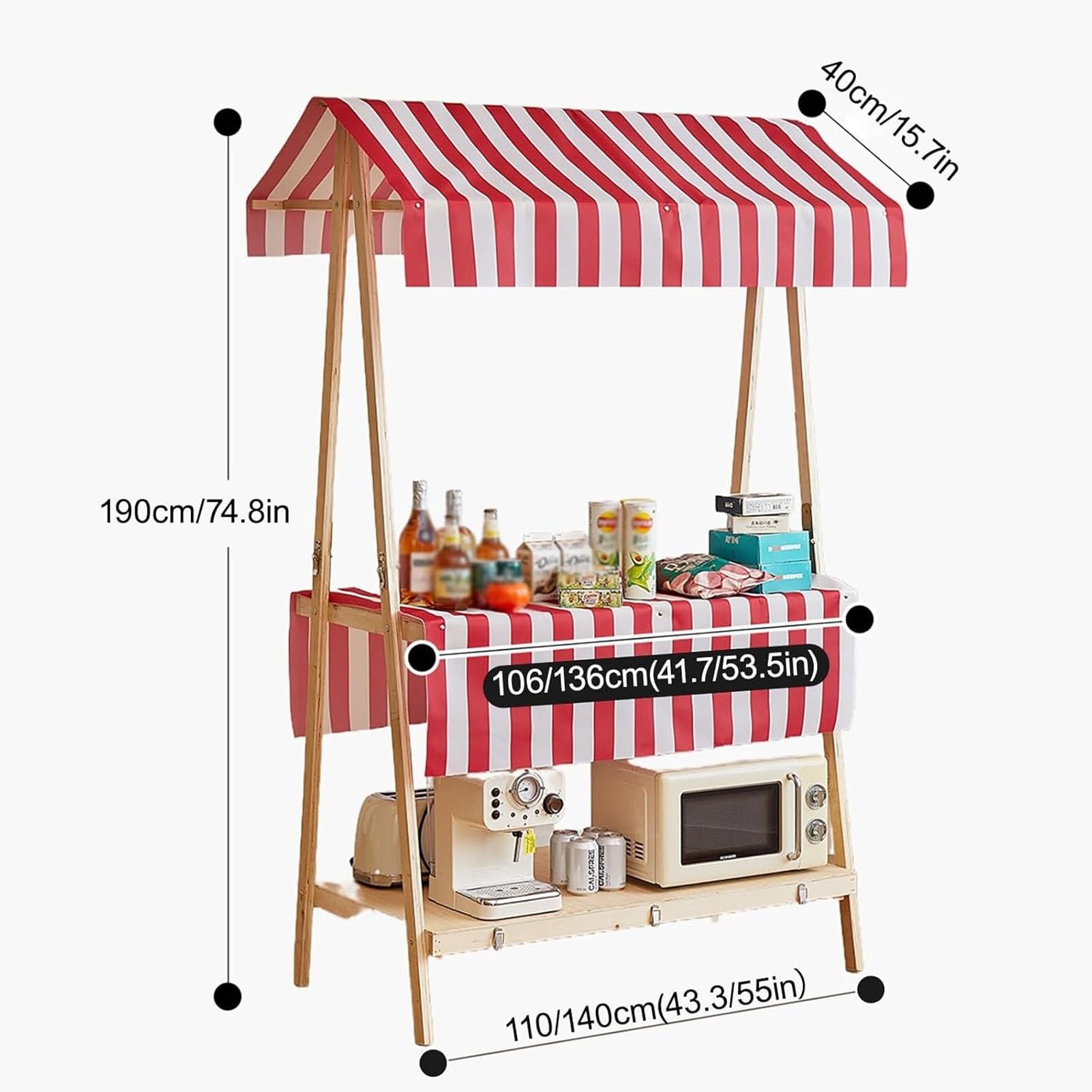 Carrello portatile pieghevole per esterni in legno con tettoia a 2 livelli per venditori di cibo da strada Attrezzature per bancarelle di mercato mobile per bancarelle alimentari