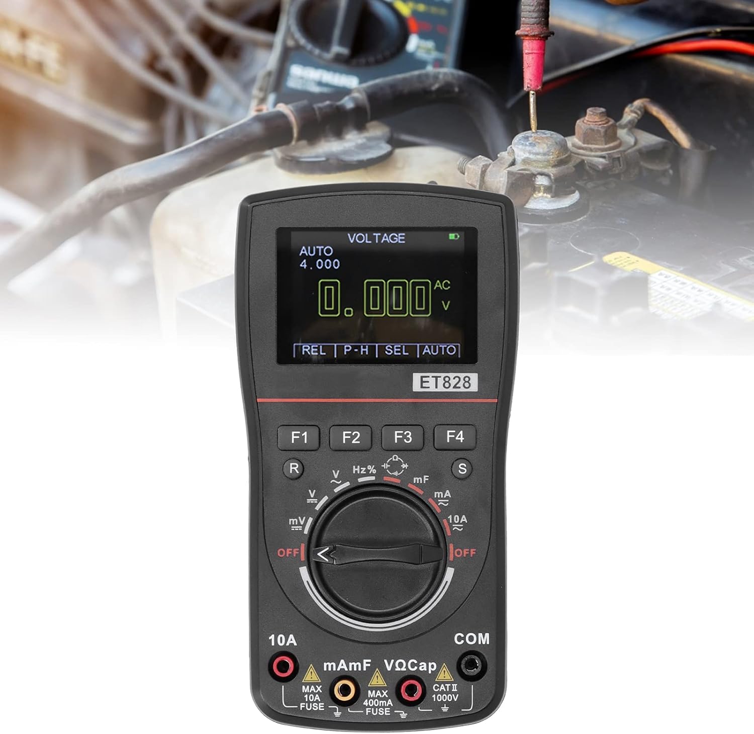 Eujgoov ET828 Multimeter displaying a voltage reading while connected to a car battery terminal.