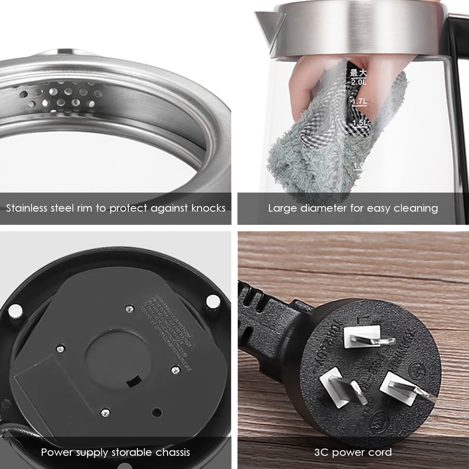 Bollitore Elettrico Bollitore per Acqua in Vetro da 2 Litri con Indicatore Luminoso a Led, Bollitore a Bollitura Rapida da 1500 W, con Filtro in Acciaio Inossidabile, Coperchio Interno e Fon