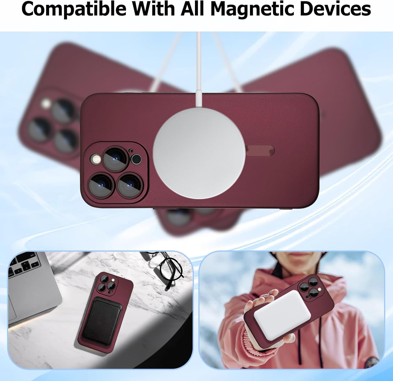 DIZORO Magnetic Case for iPhone 15 Pro Case [Compatible with MagSafe][Built-in Camera Lens Protector] Slim Soft Silicone Bumper Shockproof Metallic Luster Back Cover Phone Case - Wine Red — Amazon image 6