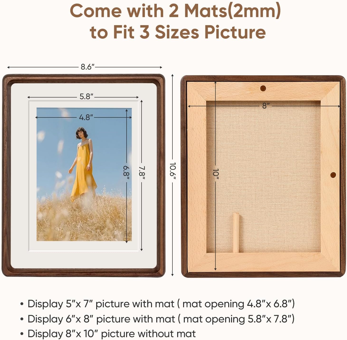 8x10 Picture Frame with 5x7/6x8 Mat - Rustic Farmhouse Walnut Wood Frame, Wall & Tabletop Display for Vintage Portraits & Gallery Décor (8x10,Walnut)