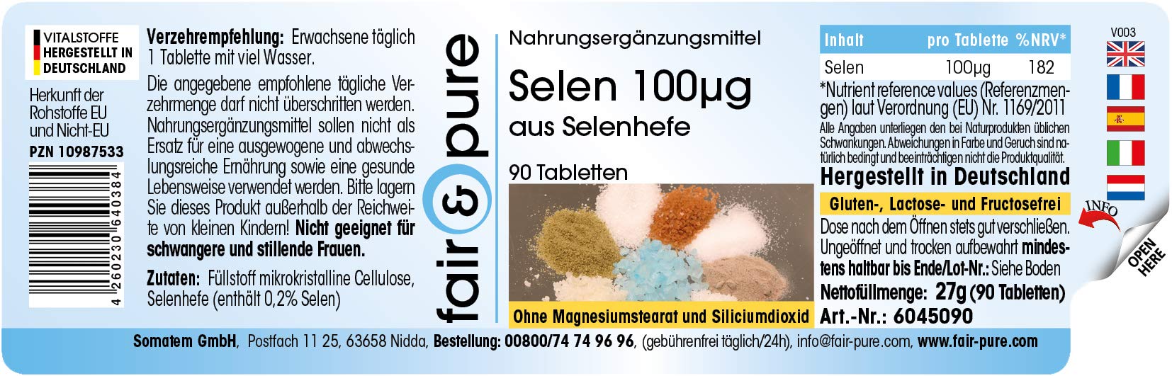 Fair & Pure® - Selenio 100µg - Lievito di selenio in polvere - Vegan - 90 Compresse