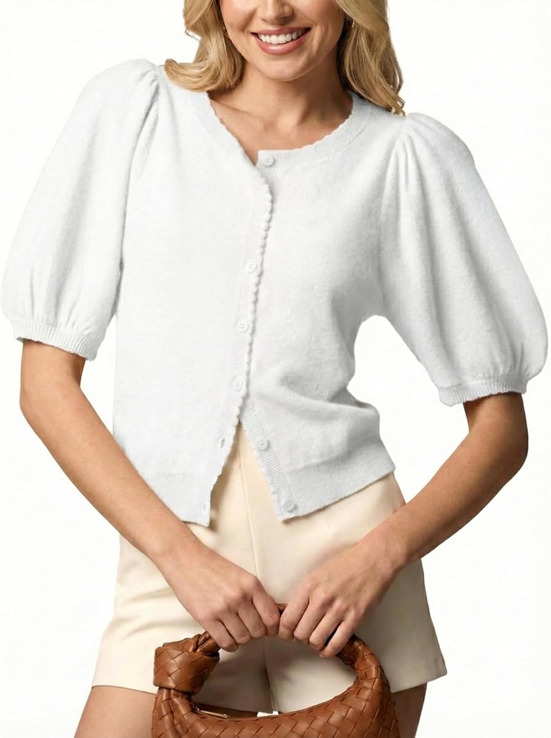 Womens Puff Short Sleeve Cardigan Lightweight Casual Summer Button Down Knit Sweater Tops 2026 Fashion Trendy