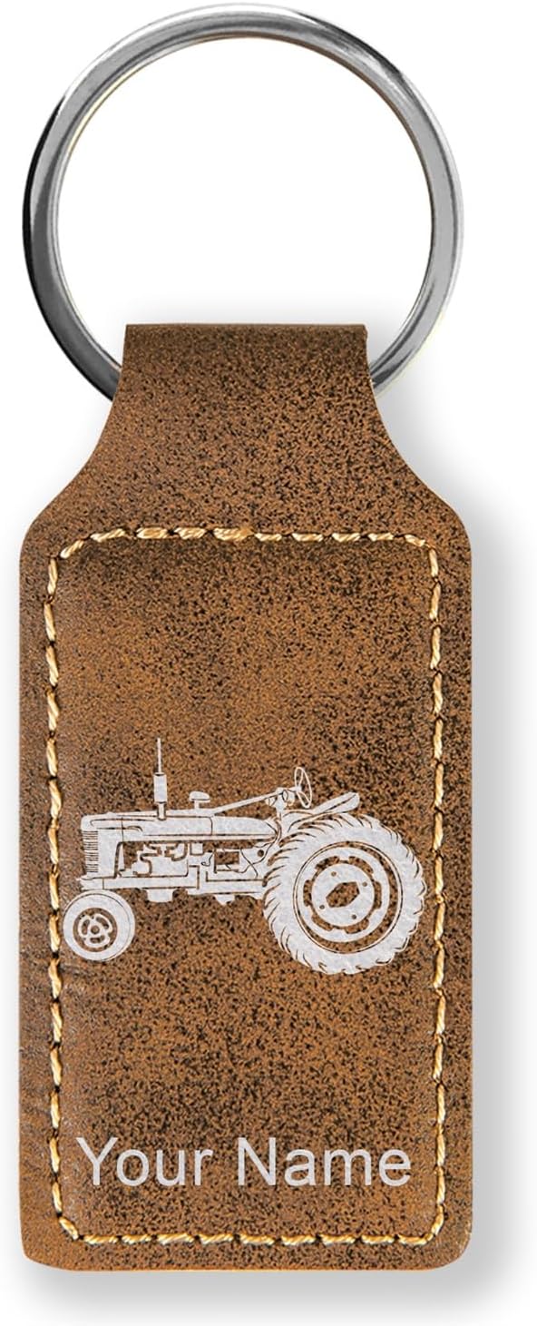 LaserGram Rectangle Keychain, Old Farm Tractor, Personalized Engraving Included (Rustic with Silver)