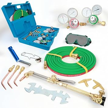 Oxy Acetylene Torch Kit Cutting Torch Hose Set Oxygen and Acetylene Tanks&Gauges Oxygen Acetylene Brazing Soldering Torch Torch Kit Welding Gas Cylinder & Regulators Torch Gauges Blue
