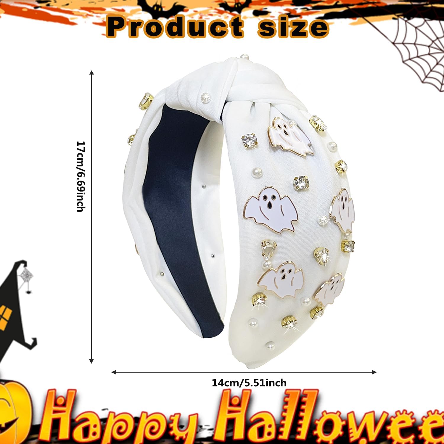 Halloween Headbands for Women, Ghost Pearl Rhinestone Knotted Headband Halloween Hair Accessories Party Gifts Ghost-white 6.2*5.1