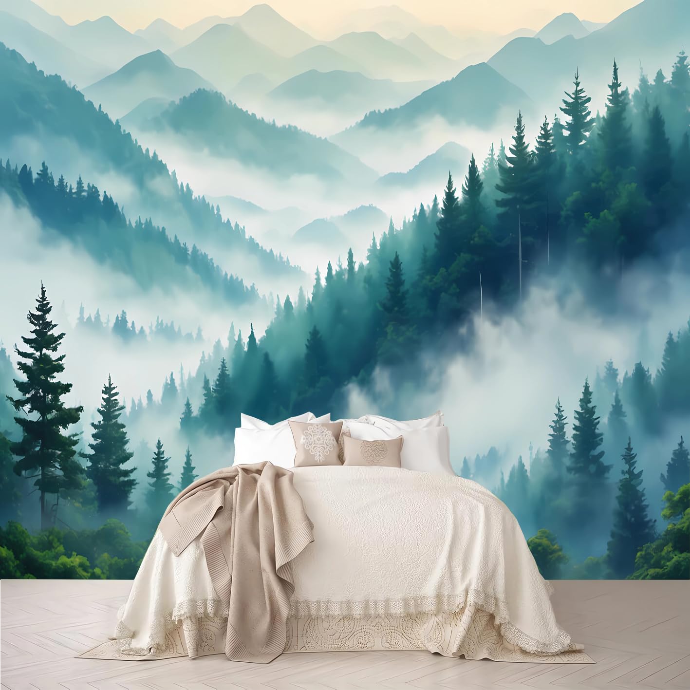 Dskjoviality Mountains And Forests-21 Large Custom Size Misty Mountain Forest Wall Mural - Layered Peaks & Clouds Nature Scene, Removable Self-Adhesive Wallpaper For Bedroom, Living Room, Meditation Nook, Home Office