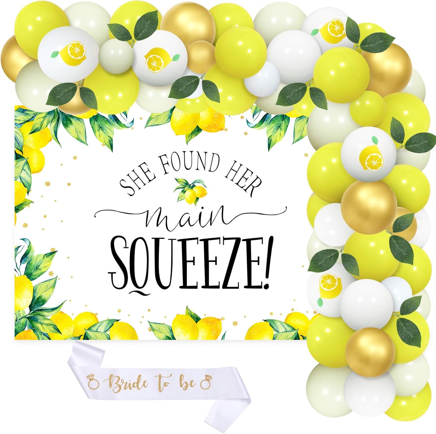 Lemon Bridal Shower Decorations, Yellow and White Balloons Garland Kit She Found Her Main Squeeze Backdrop Bride To Be Sash Artificial Tree Leaves for Lemon Wedding Engagement