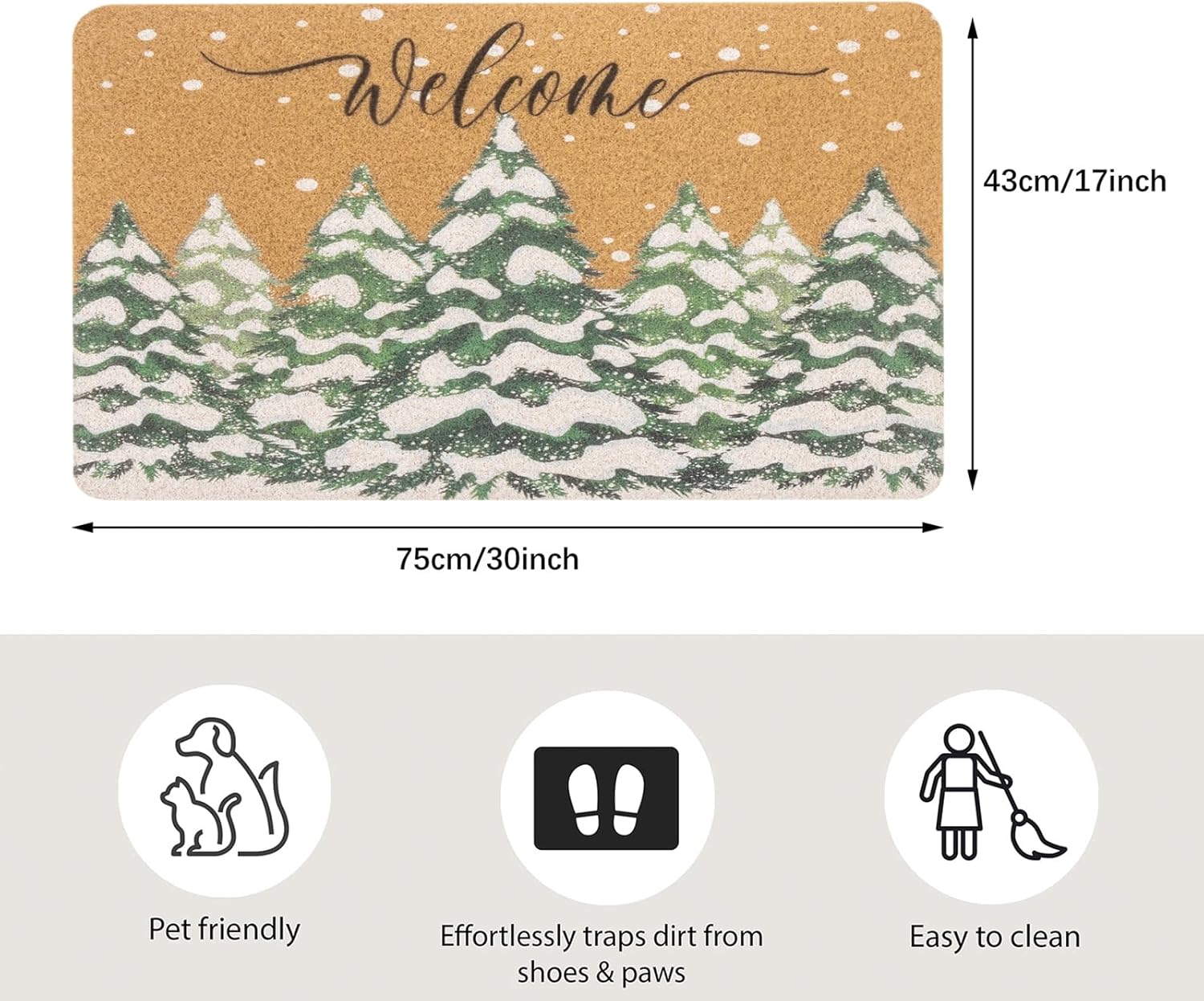 Christmas Welcome Doormat for Winter Outdoor - Snowflake Pine Artificial-Coir Door Mat with Backing Anti-Slip Holiday Home Decor(30 x 17 Inches)