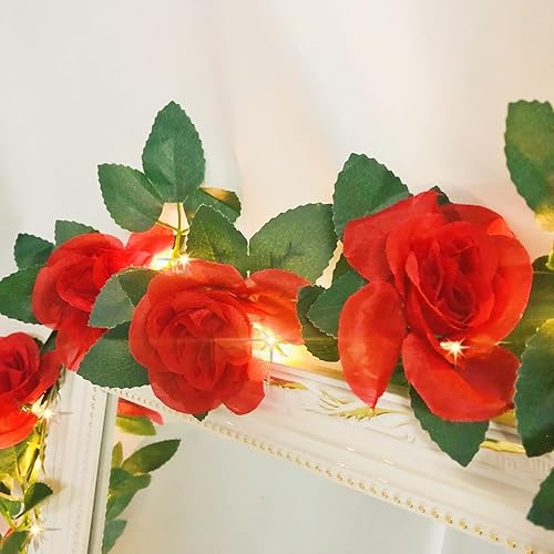 Miniatura 8 de Guirnalda de luces artificiales de vid de rosas de 7.5 pies, funciona con pilas, guirnalda de flores de rosas para San Valentín, boda, dormitorio,