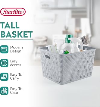 Sterilite 6-Pack Tall Basket, Woven Plastic Storage Baskets for Organization, Cement - Organizing Bin Containers with Handles for Bedroom, Bathroom, Dorm, and Closet