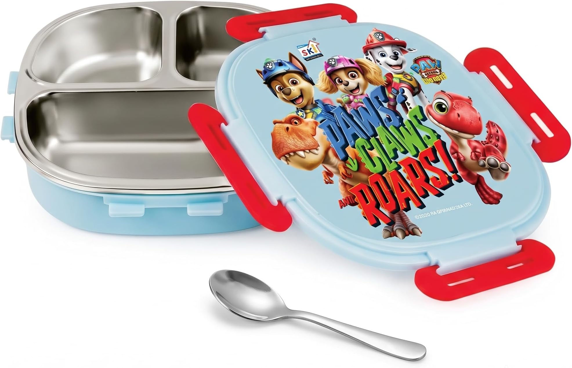 SKI Baker Steel Lunch Box for Kids, 3 Compartment Insulated School Tiffin with Spoon, Leak-Proof, BPA Free, Bento Box for Boys & Girls, Birthday Gifts, Party Favours - Paw Patrol
