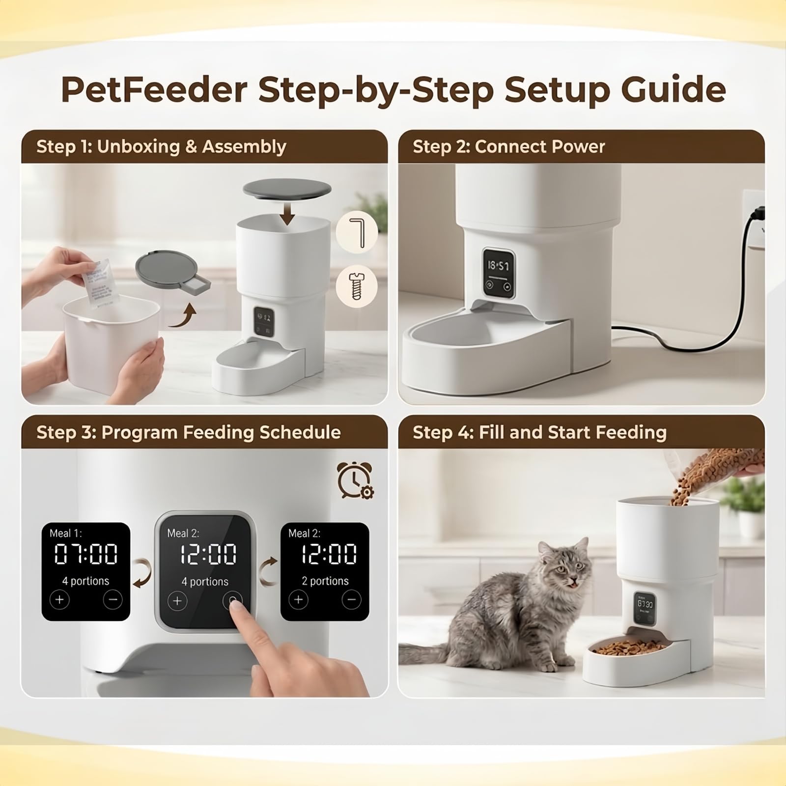 Comedero automático para Mascotas de 4 L: dispensador programable de Comida para Gatos y Perros con Control de porciones, alimentación Dual y Tapa con Cierre de Seguridad.