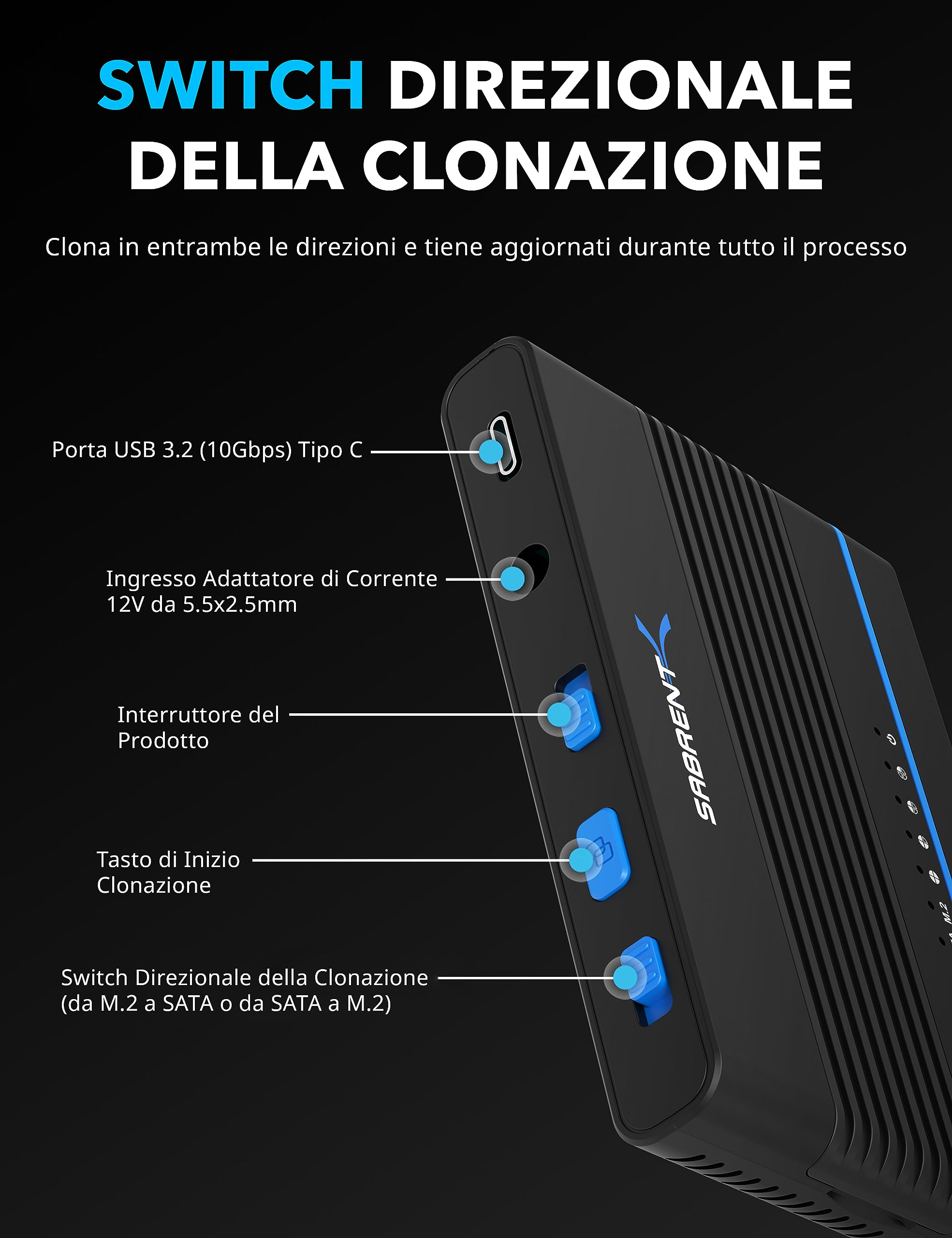 SABRENT Cabinet USB-C per M.2 NVMe e disco rigido SATA da 2,5" e 3,5", convertitore SSD HDD e M2, dock 2242, 2260 e 2280 con clonazione offline + alimentatore, cavi USB C + A inclusi (DS-UCMH)