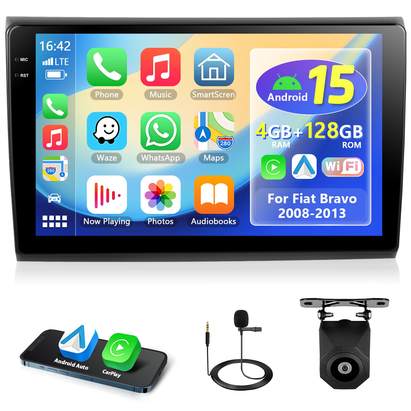 4GB+128GB Carplay Autoradio per Fiat Bravo 2008-2013 con Wireless Android Auto, Motorsi Bluetooth Car Stereo Incell Schermo con GPS Navigation/WiFi/RDS/FM/EQ/DSP/SWC/USB/Mirror Link/Canbus+ Telecamera
