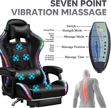 Ergonomic Gaming Chair with 360° Swivel, Massage, Speakers, Footrest, Lumbar Support, and LED Lights