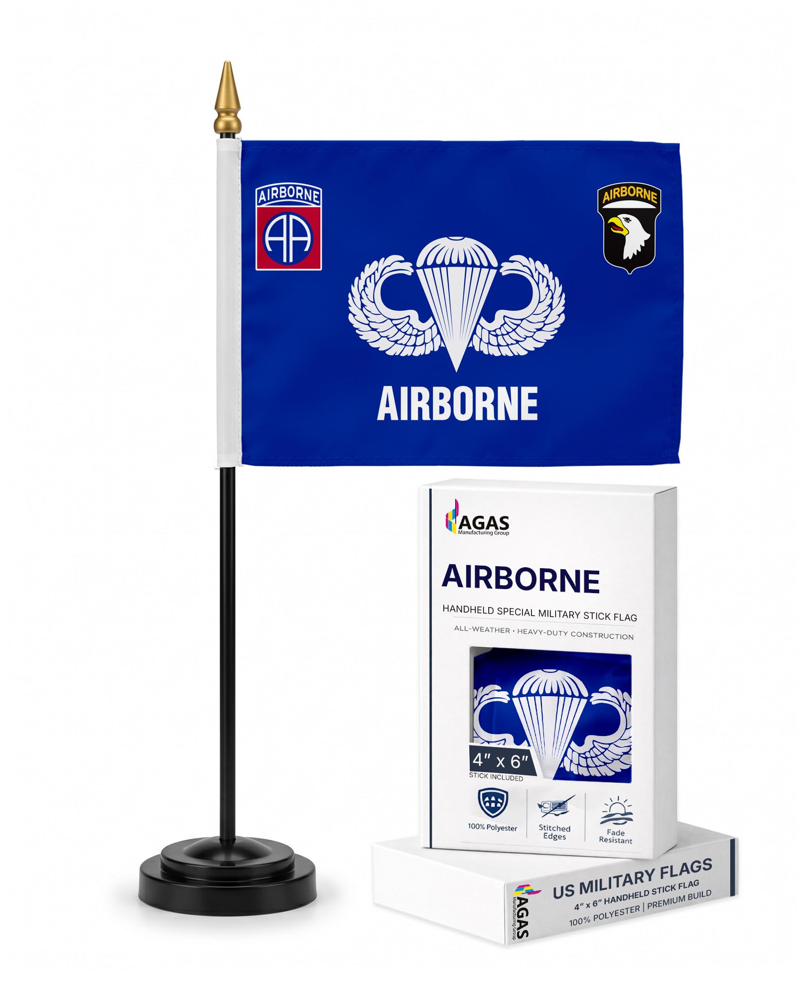 AGAS US Army 82nd 101st Airborne Stick Flag - 4x6 inch - Special Military Flags - Printed Polyester - Mounted on 11" x 3/16" dia Black Plastic Pole with Gold Ba
