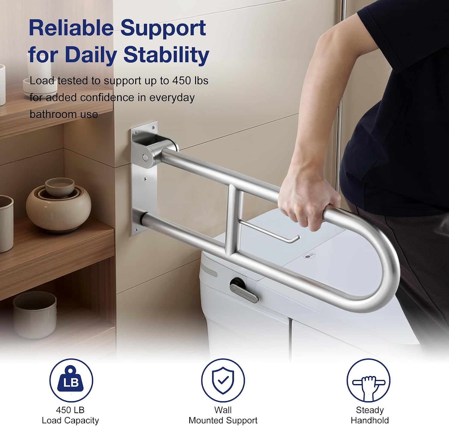 ROVATE Toilet Grab Bar with Paper Holder - 24 Inch Flip Up Handrail image 3