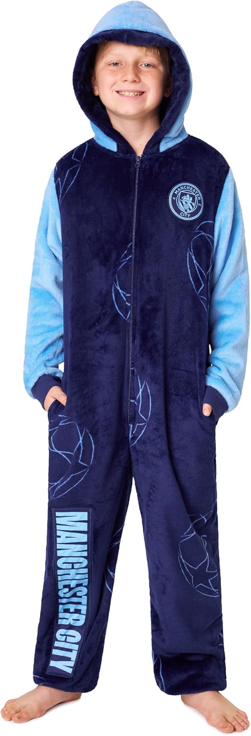 Manchester City Boys One-Piece Pajamas 5-14 Yrs, Soccer Gifts for Kids, Teens, Fleece Zip-Up Jumpsuit Sleepwear with Pockets