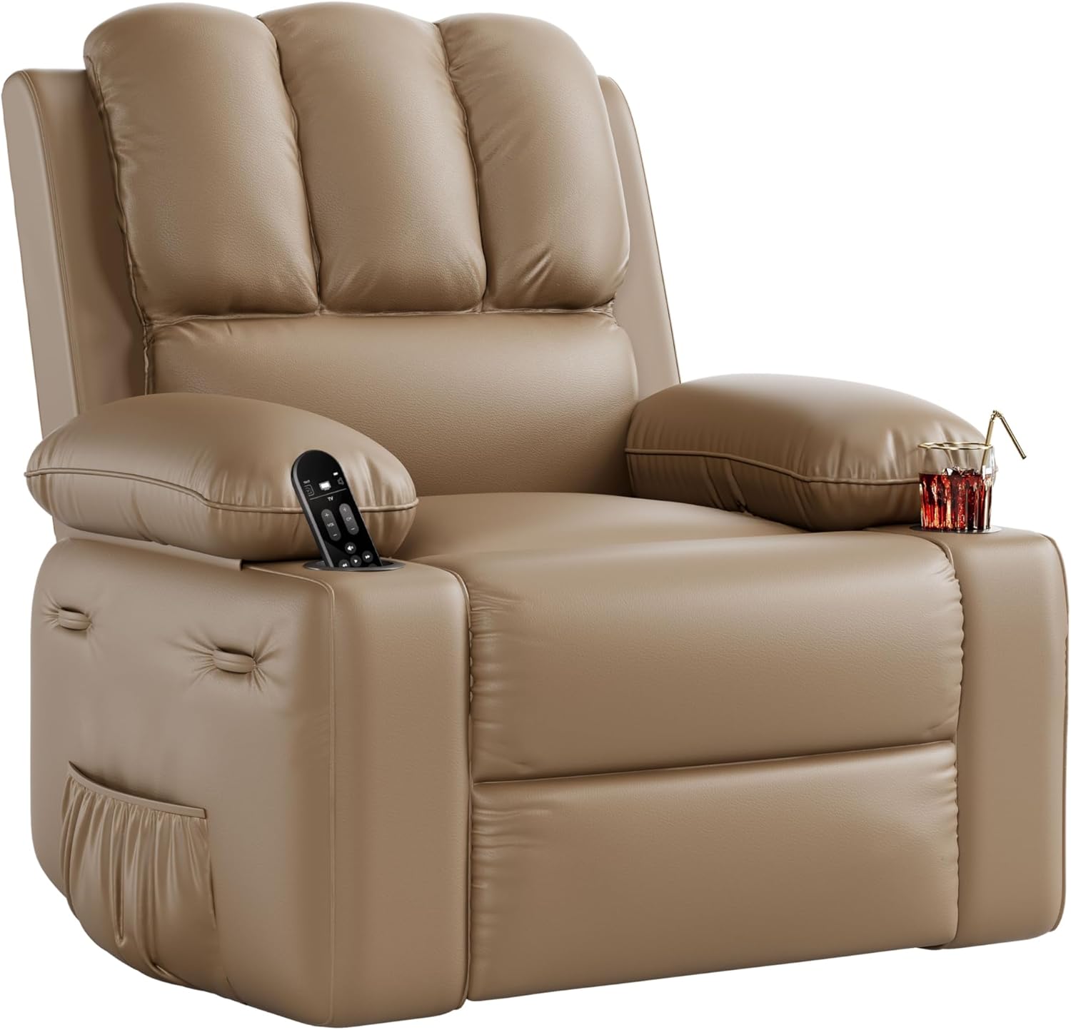 Oversized Recliner Chairs，27'' PU Leather Recliner Chairs with Comfortable Arms and Cup Holders for Living Rooms,Tan