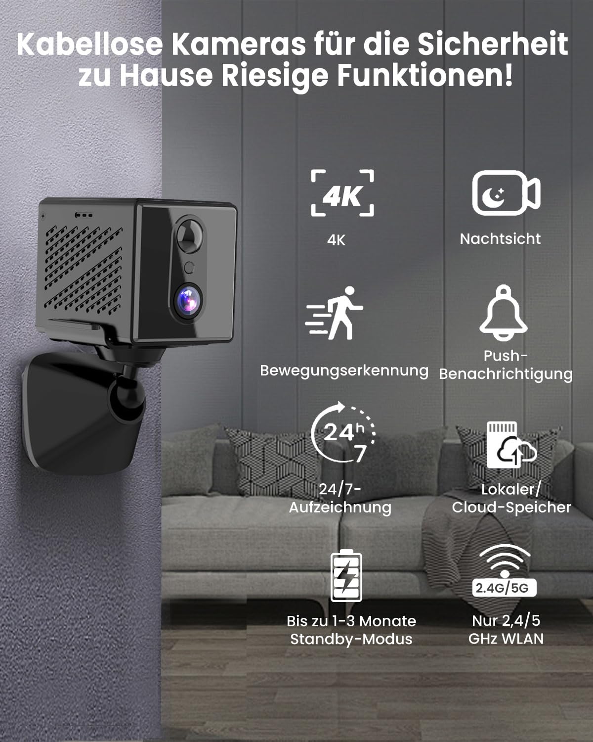 aidowocam Mini Kamera,5G WiFi Überwachungskamera Innen,Kamera Überwachung Innen,Kostenloser Cloud-Speicher, Lange Standby Akku Kamera,Bewegungsmelder,Nachtsicht,Unterstützt SD-Speicher