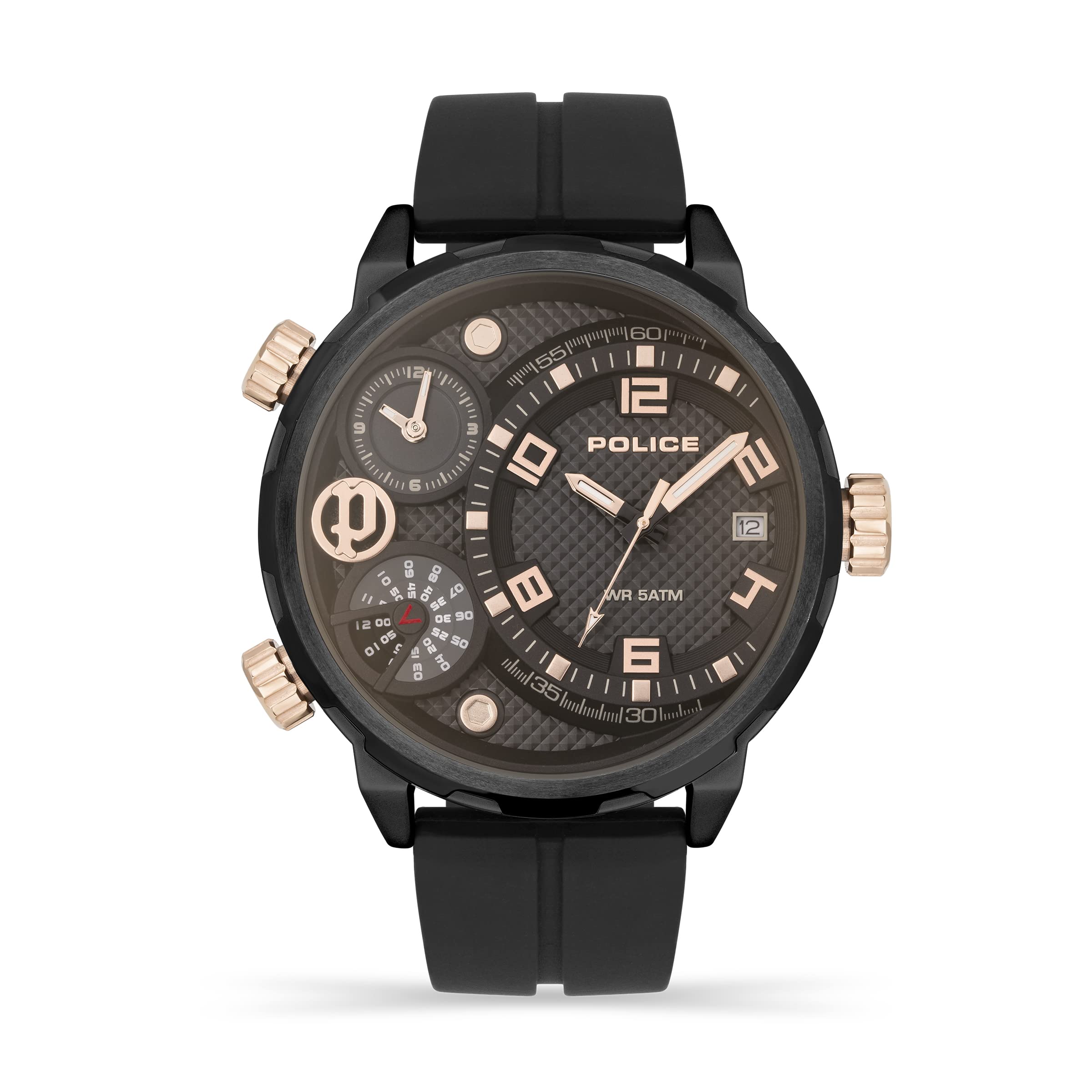 POLICE Ray PEWJN2195301 - Orologio multifunzione da uomo con quadrante nero e cinturino in silicone nero, cassa in acciaio inox da 51 mm, in confezione regalo, Marrone chiaro, misura unica, Cinturino