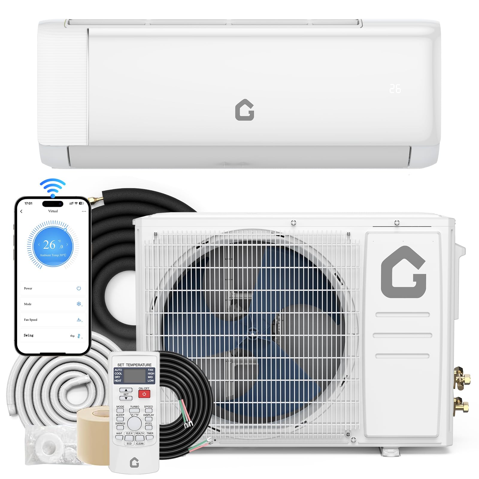 Mini Split de 18,5 SEER2, CA 230 V, 9000 BTU, sistema de calefacción y refrigeración de hasta 450 W, con inversor, control remoto por wifi, aire acondicionado mini split de bajo ruido para el hogar.