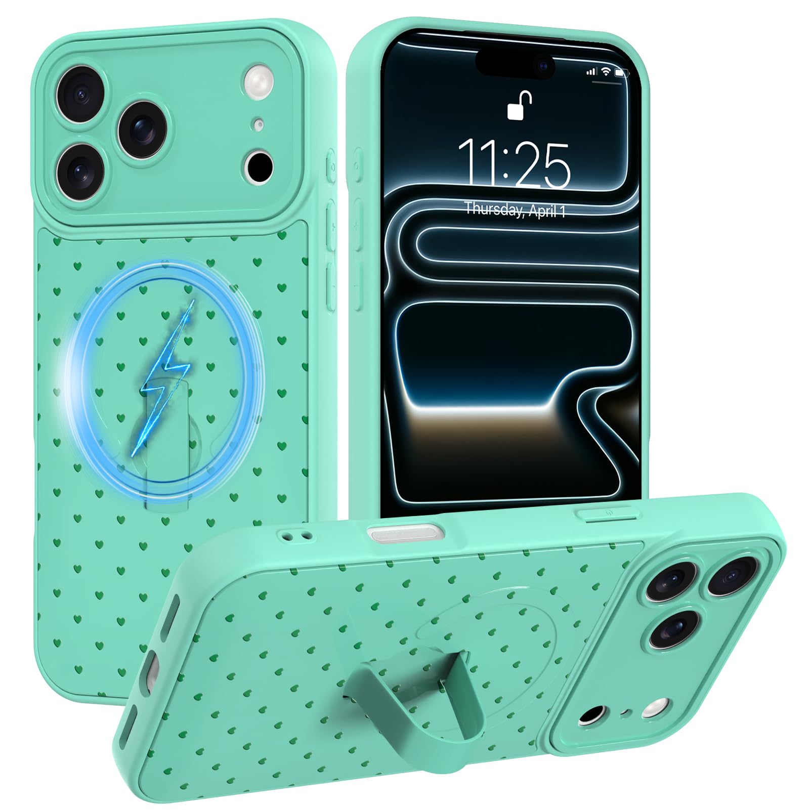 SOKAD Funda magnética con diseño de corazones y lunares para iPhone 17 Pro Max con soporte para correa de dedo, compatible con Magsafe, diseño de lindo amor pequeño diseñado para mujeres y hombres