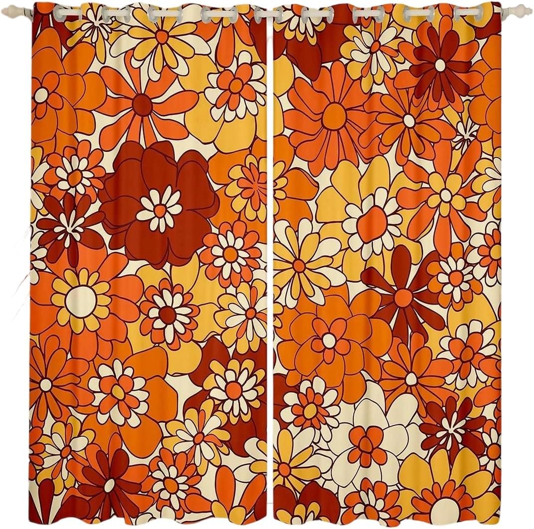 Homewish Rideaux à motif floral bohème rétro groovy – 30 % à 50 % occultants pour chambre à coucher, jardin naturel, orange et marron, 167,6 x 228,6 cm (l x L)