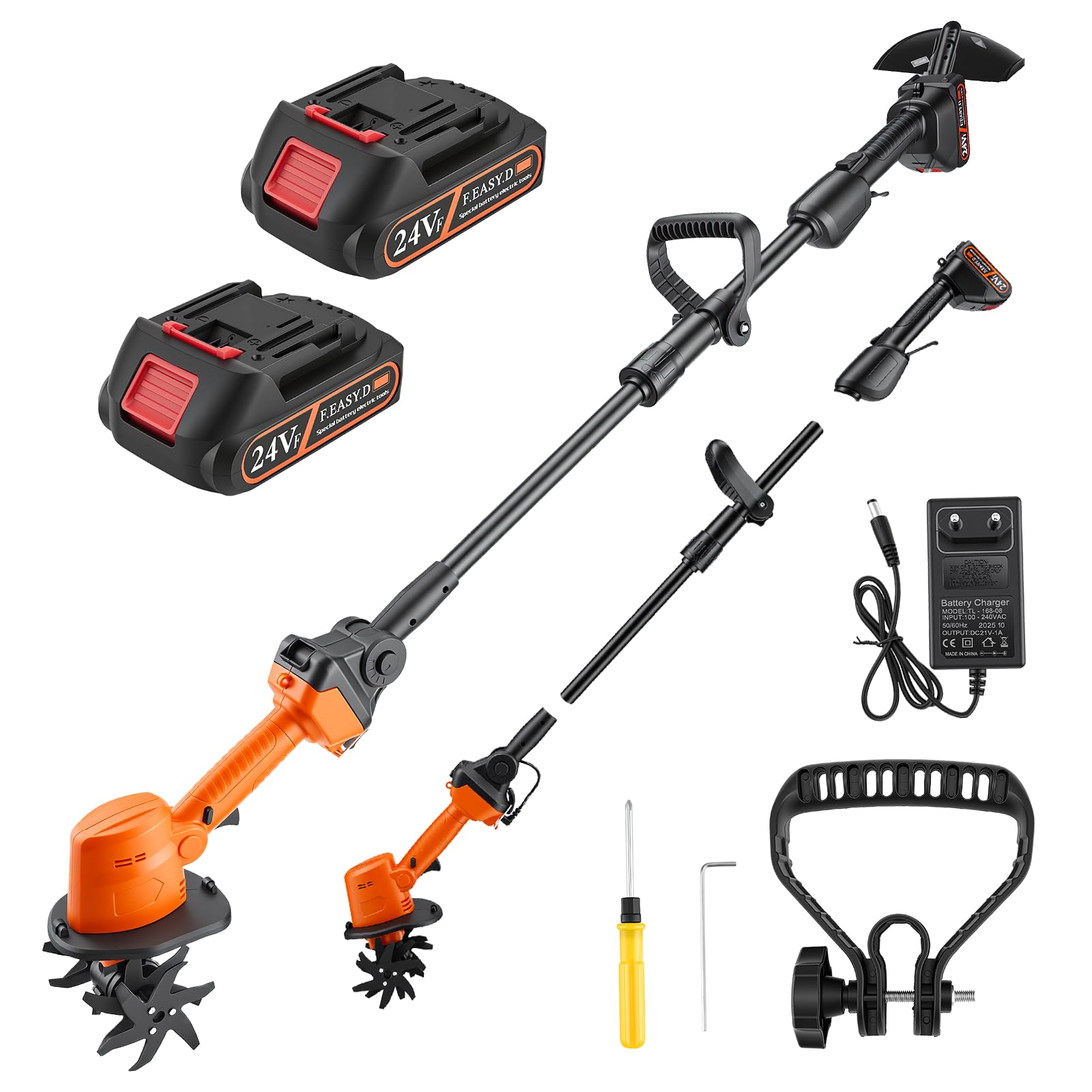 2 in 1 Akku-Bodenhacke, 21V Gartenfräse Elektrisch mit 2 * 1500mAh Akkus, Mikro Gartenfräse mit 1.3m Zusatzhandgriff (4 Metallmesser 10cm Arbeitsbreite 10cm Arbeitstiefe 235 U/min Drehzahl)