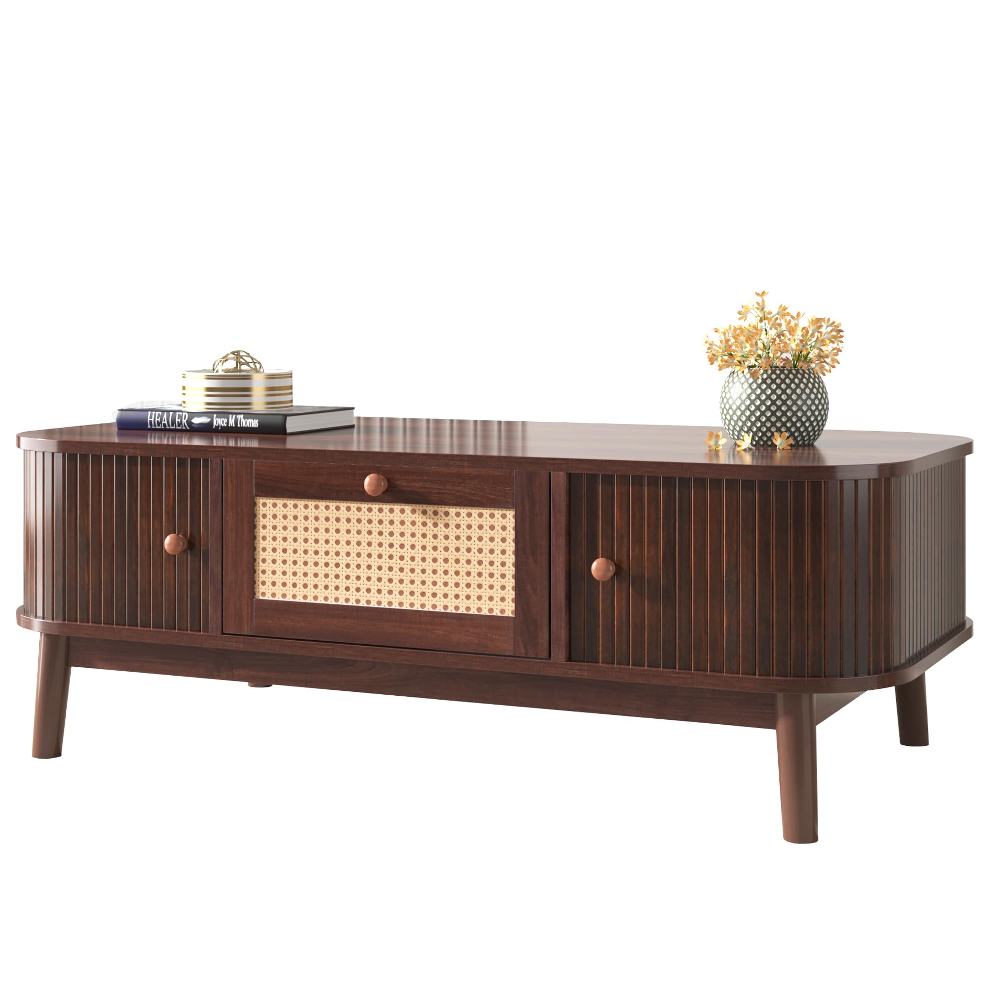 Table basse en rotin avec tiroirs et portes coulissantes en bois