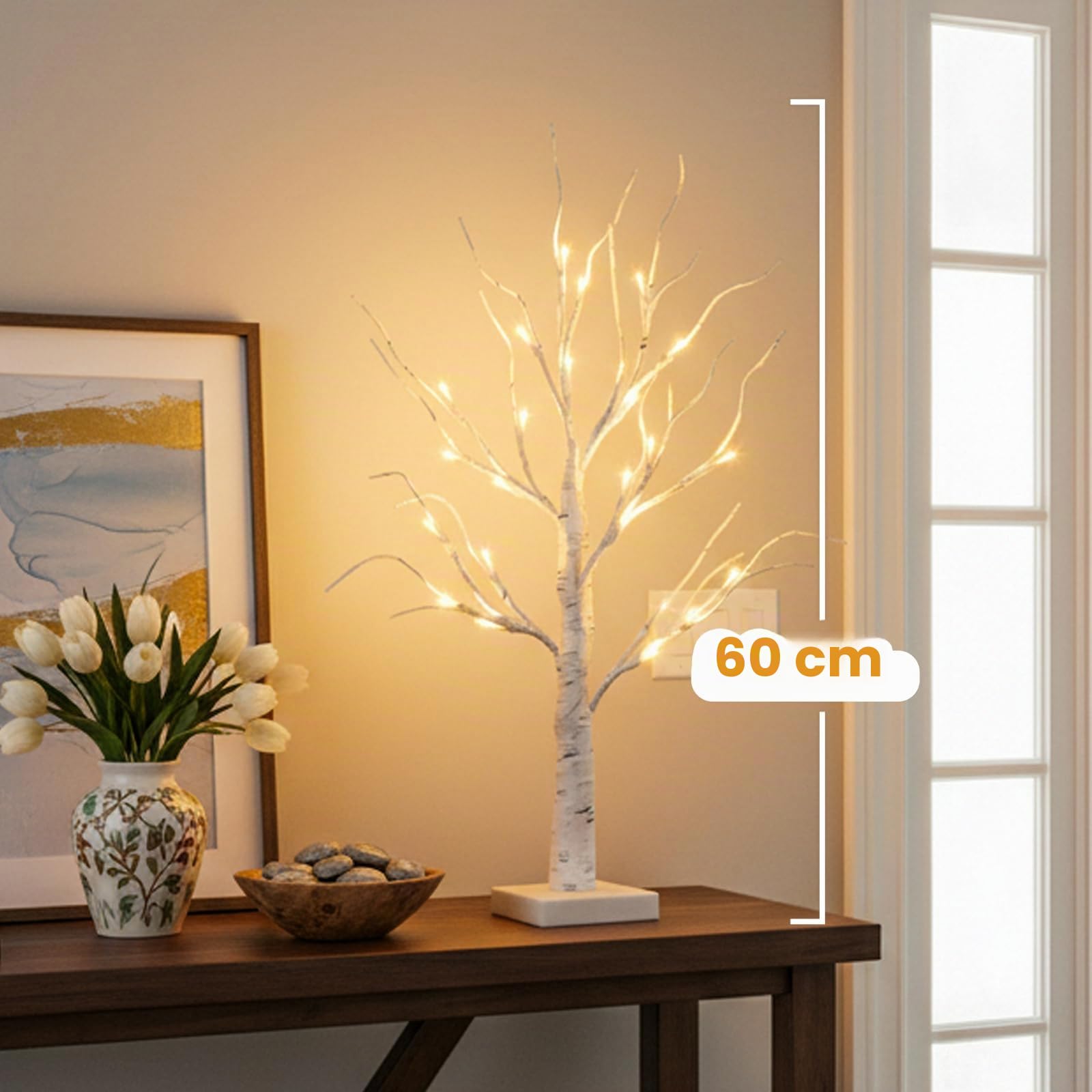 EAMBRITE Set di 2 Albero di luce 24 bianco caldo LED Albero di betulla con funzionamento a batteria, decorazione di Pasqua e Natale per la casa all'interno (60cm/2ft)