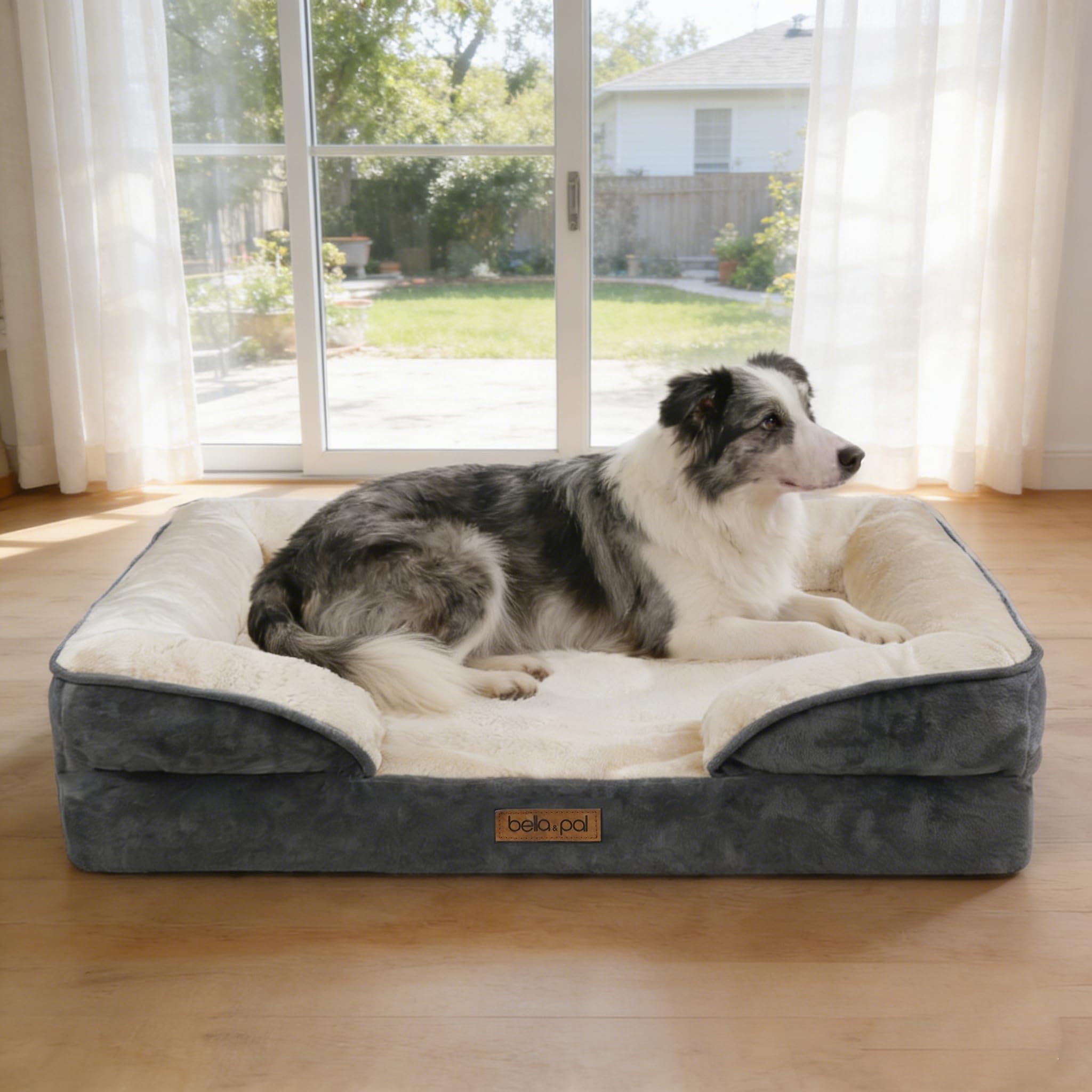 BELLA & PAL Cuccia per Cani Interno, 92x69x16.5cm Letto Ortopedico per Cani Taglia Media, Cuscino Cane con Bordo Alto | Divano Cane in Flanella Sfonderabile Impermeabile e Lavabile, Grigio