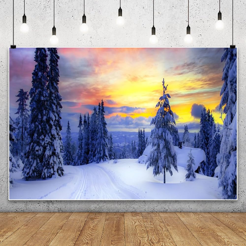 3x2m Fondo de Nieve de Invierno, Paisaje nevado, Bosque Helado, Paisaje, Pino, Amanecer, fotografía de Fondo para Feliz Nochebuena, Fiesta de Año Nuevo, Accesorios para Baby Shower