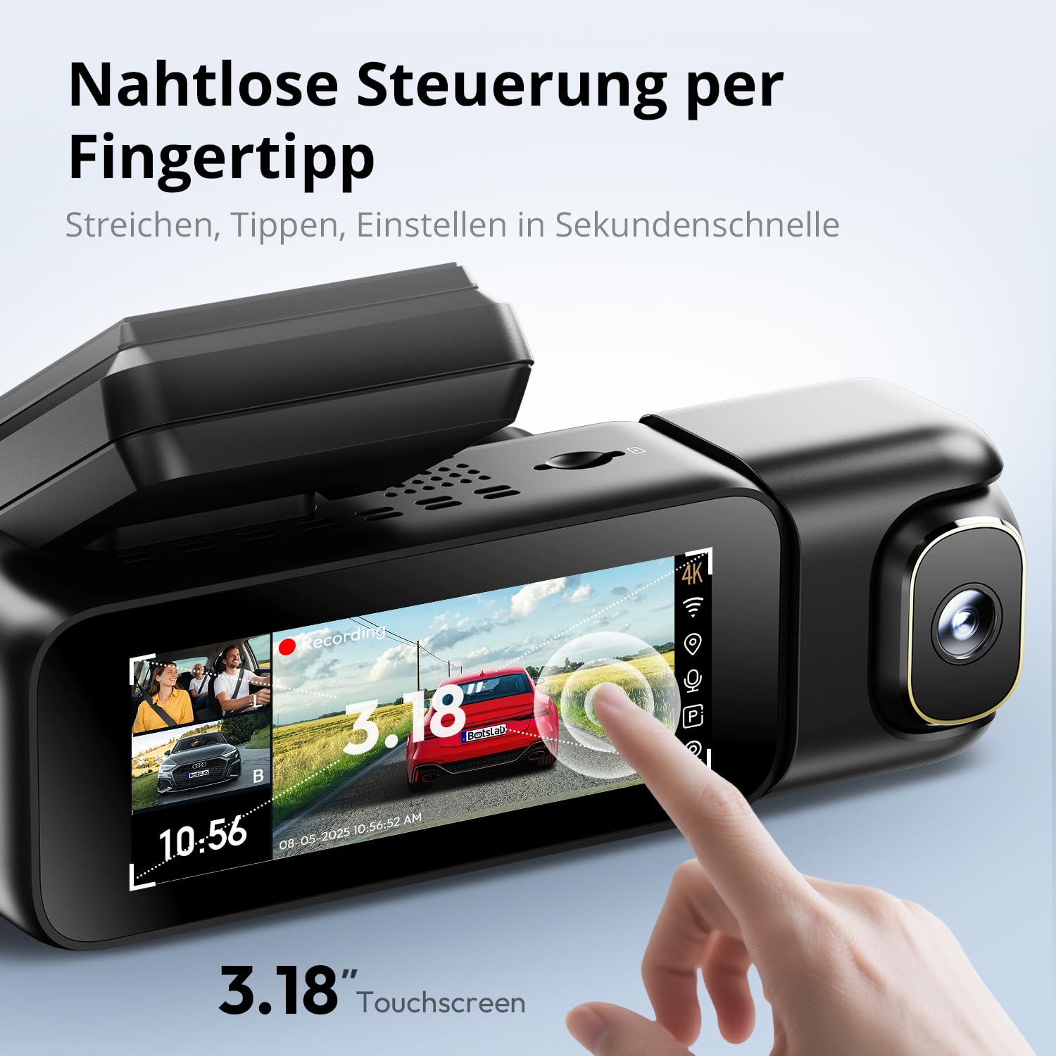 BOTSLAB 4K 3-Kanal Dashcam Auto Vorne Hinten, 3 Channel 4K+1080P+1080P, GPS 5.8GHz WiFi Dash Cam mit 128GB SD Karte, 3.18",Super Nachtsicht,WDR, Sprachbefehl,G-Sensor,Loop-Aufnahme,Parküberwachung