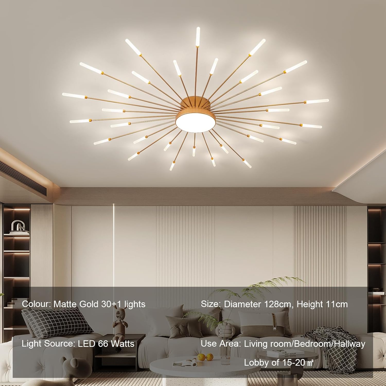 JAYMP 50.4" Ceiling Light Modern Flower Shape Ceiling Lamp for Living Room Dining Room Flush Mount Metal Acrylic Sputnik Firework Petal LED Lighting Fixture (Matte Gold, 30+1 Lights)