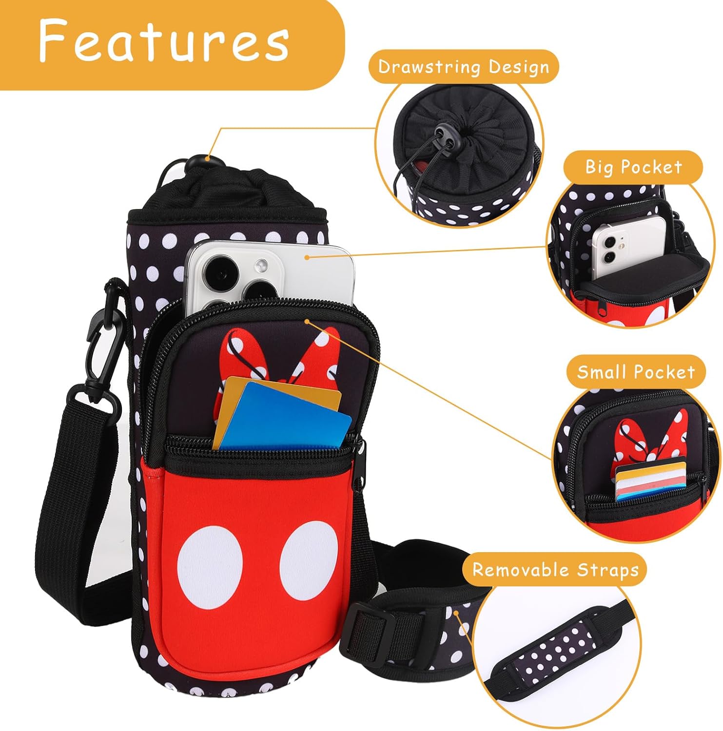 Cute Water Bottle Holder with Strap, Neoprene Insulated Crossbody Sling Bag Carrier with Adjustable Shoulder for 20-32oz Bottles, Phone & Pockets, Perfect for Travel, School & Outdoor Activities
