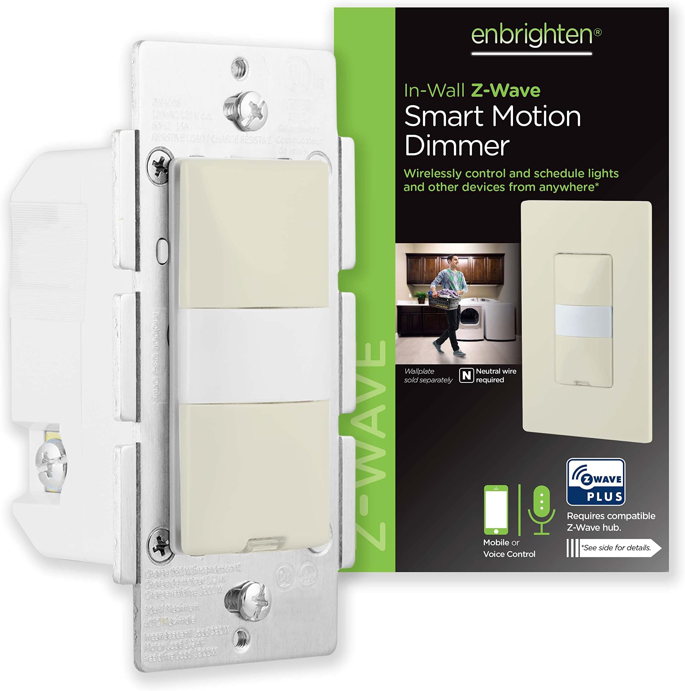 Enbrighten Z-Wave Plus Smart Motion Light Dimmer, Compatible with Alexa, Google Assistant, SmartThings, Wink, Zwave Hub Required, Repeater/Range Extender, 3-Way Compatible, Ivory, 38198