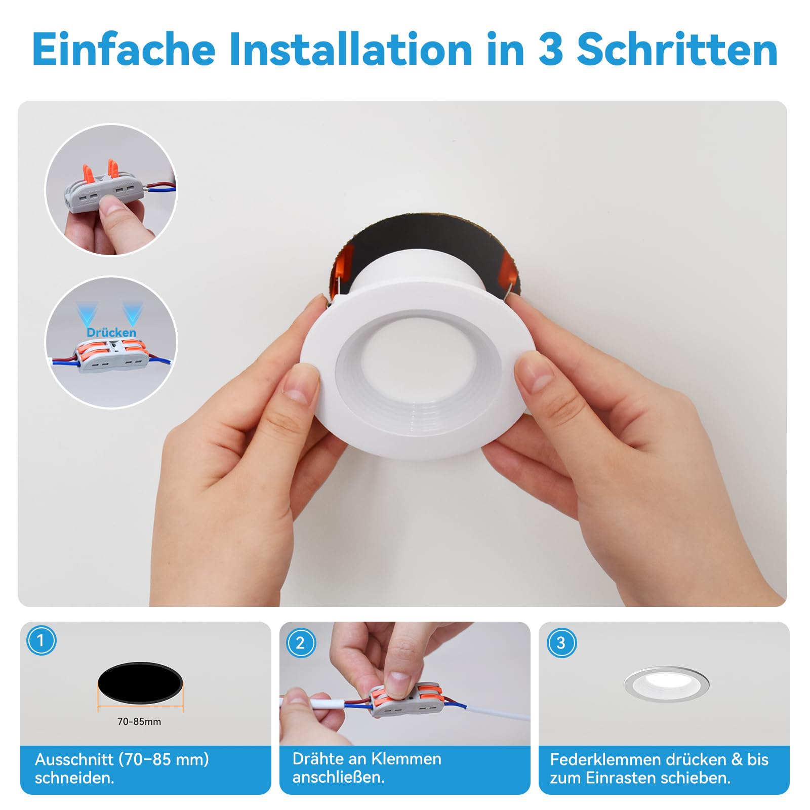 KEELED Einbaustrahler LED mit Nachtlicht, LED Spots 230v, 6W, 3000K/4000K/6000K Wählbar, Schnittloch 70-85mm, IP44, Gehäuse aus Aluminiumdruckguss, 8er Set