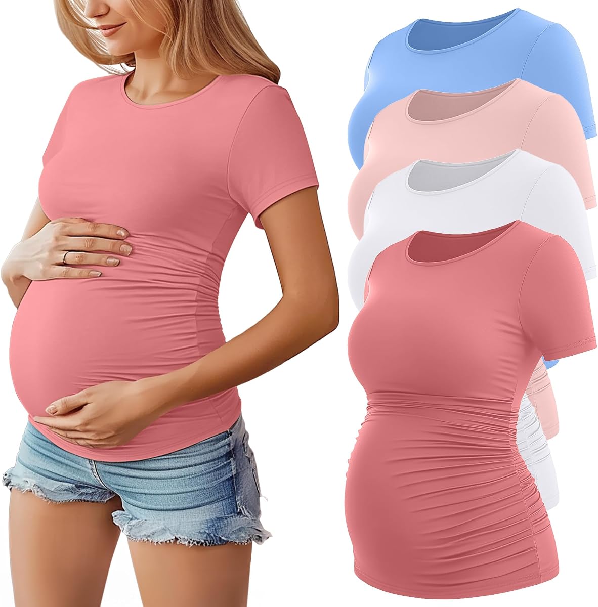 4 Pack Women's Short Sleeve Maternity Tops | Cotton, Maternity Shirts, Pregnancy Clothes, Short Sleeve, Crew Neck, Side Ruched, Breathable, Stretch, Casual, Summer