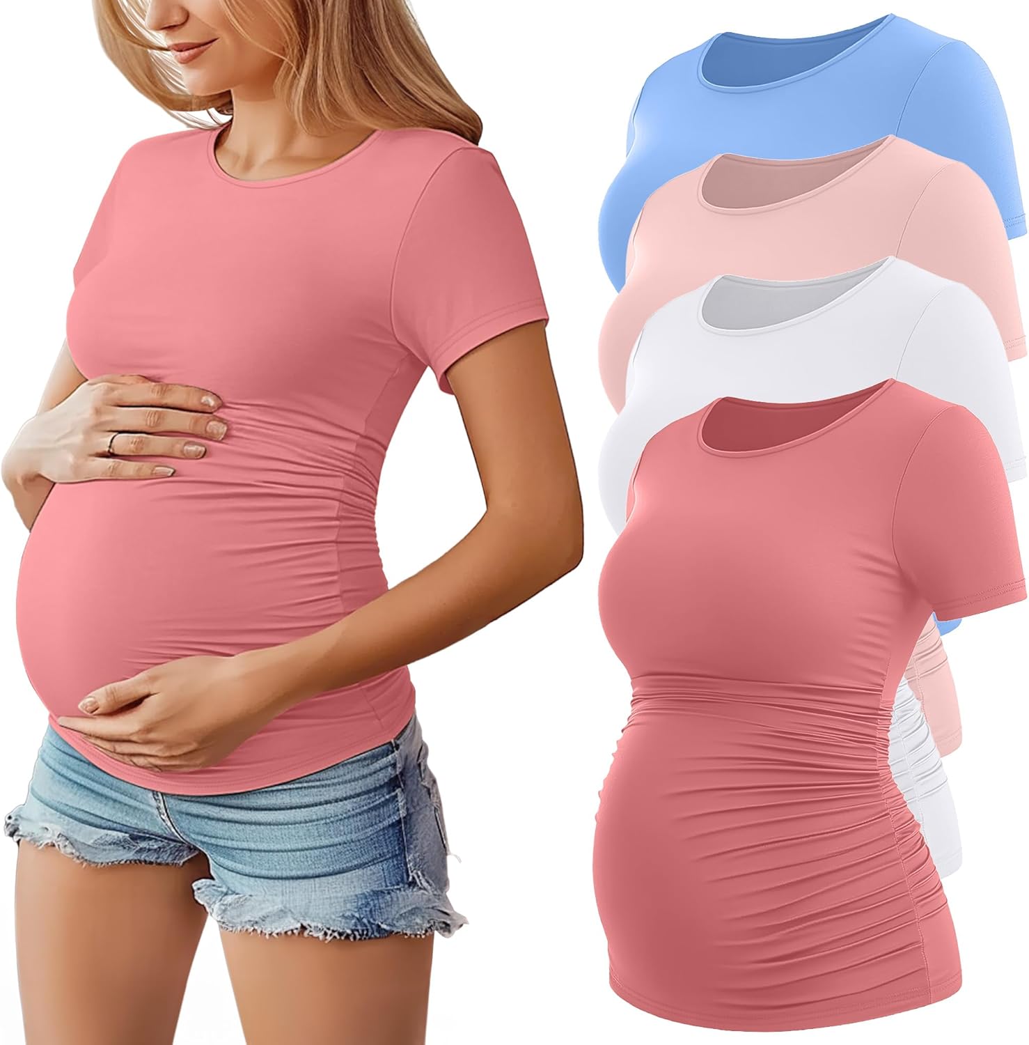 Huukeay 4 Pack Women's Maternity Shirts, Crew Neck Maternity Top Short Sleeve Casual Cotton Tee Side Ruched Pregnancy Clothes