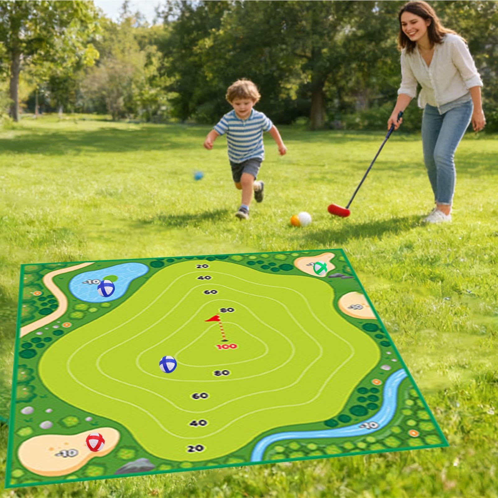 Zestaw samoprzylepnych mat golfowych z chipem, samoprzylepna mata uderzeniowa - dwustronny zestaw do gry w golfa z 20 piłkami - dla rodziny, golfistów, treningu i ćwiczeń wewnątrz i na zewnątrz